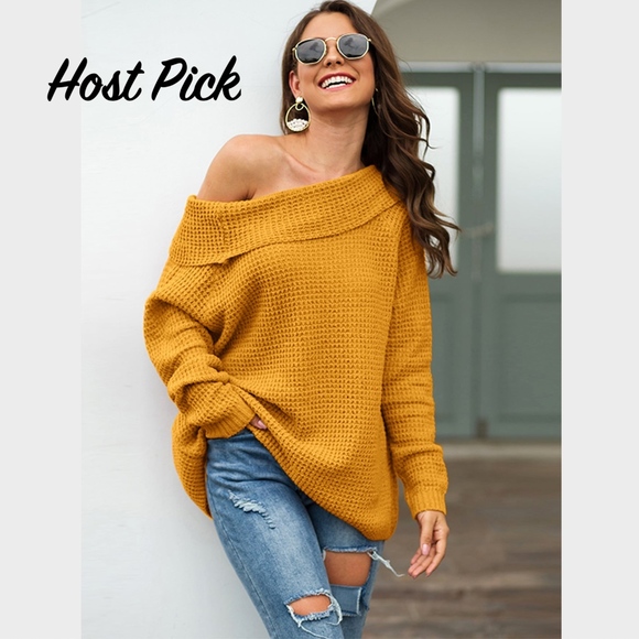 Rouge! Sweaters - Ginger Yellow Off Shoulder Fold Over Sweater